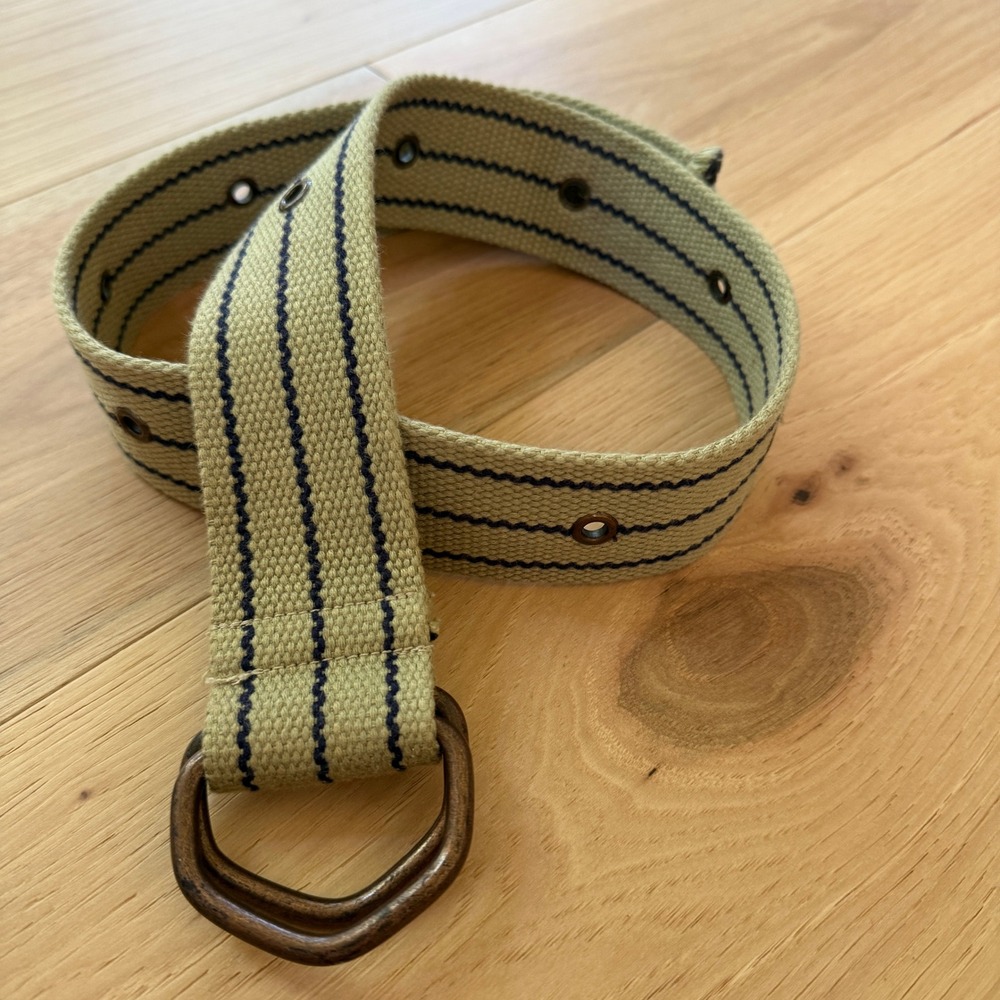 Canvas D-Ring Belt Womens 34 Khaki Navy Blue Striped Woven Utility